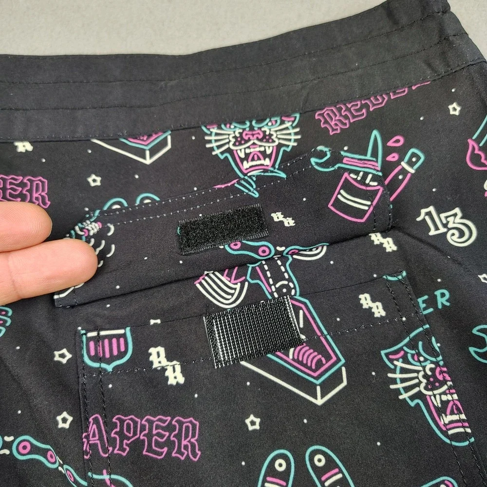 Rebel Reaper Boardshorts Swim Trunks Men 2XL Black Neon Tattoo Print Biker New